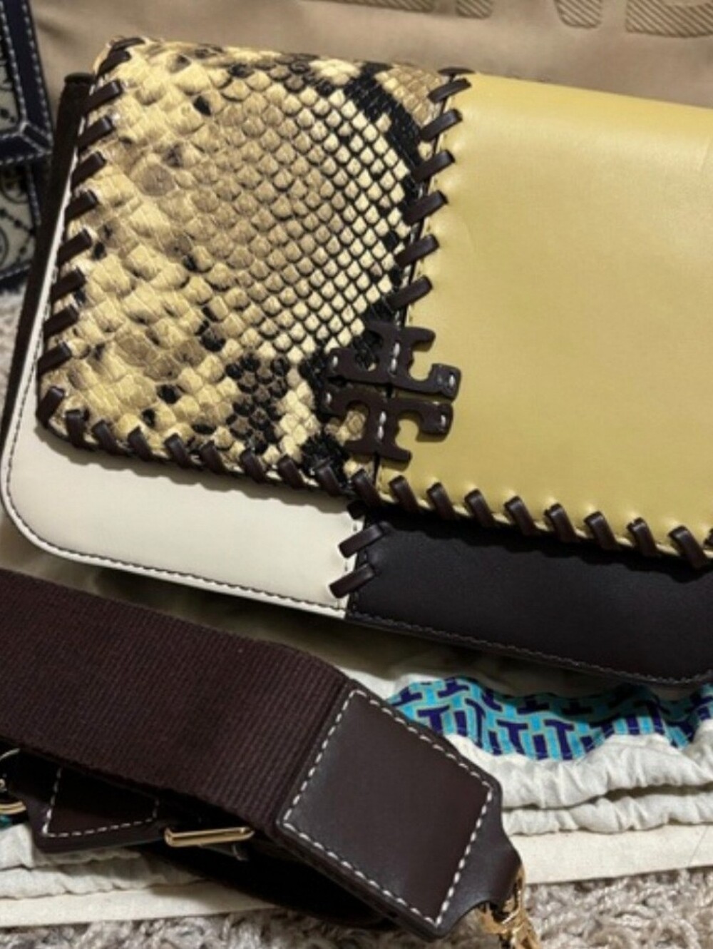 Tory Burch  Thea Patchwork Leather & Snakeskin Yellow, Brown & Cream Crossbody - Picture 4 of 5